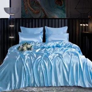 6PC Sky Blue Satin Bed Linen Collection – Smooth Duvet, Fitted Sheet & Pillowcases