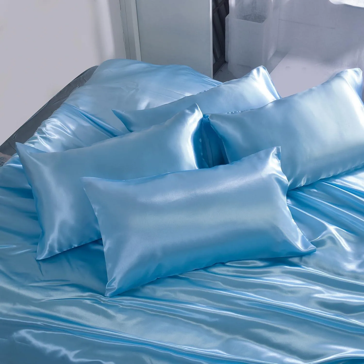 6PC Sky Blue Satin Bed Linen Collection – Smooth Duvet, Fitted Sheet & Pillowcases