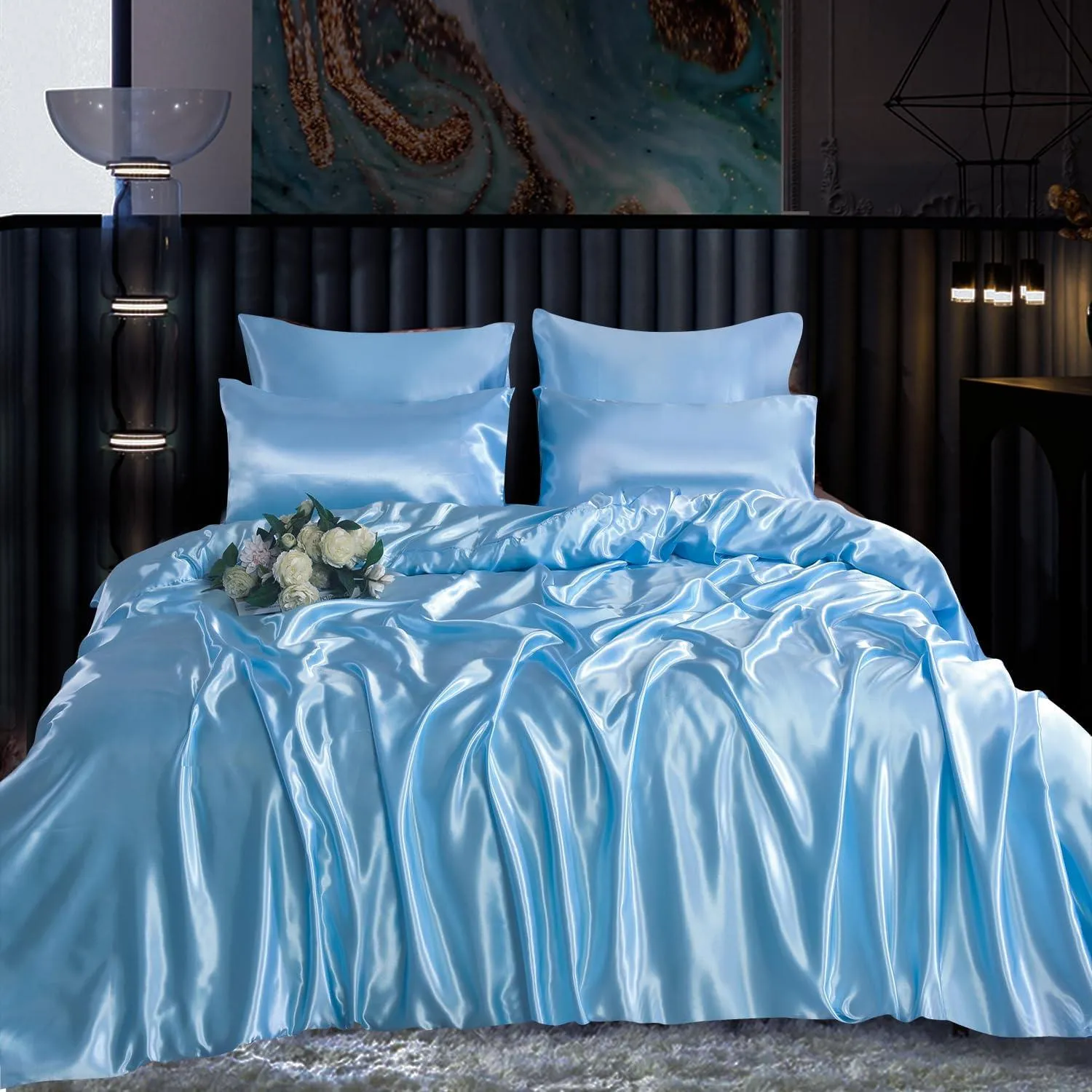 6PC Sky Blue Satin Bed Linen Collection – Smooth Duvet, Fitted Sheet & Pillowcases