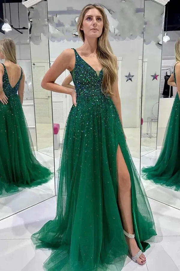 A-line Dark Green Sequined Tulle V Neck Prom Dresses