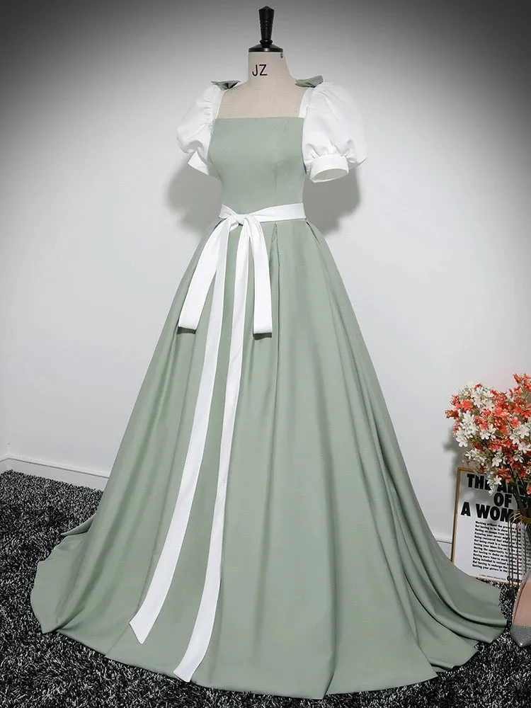 A-Line Puff Sleeves Satin Green Long Prom Dress, Green Long Formal Dress