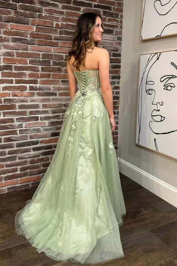 A-line Sage Green Strapless Floral Long Prom Dresses