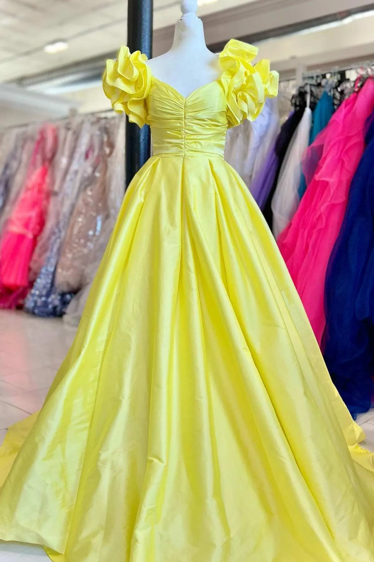 A-Line Yellow Off-the-Shoulder Ruffled Sleeve Prom Dresses