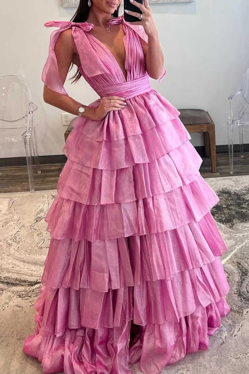 August | Glitter Tie Straps Pink Plunging Neck Tiered Long Prom Dress