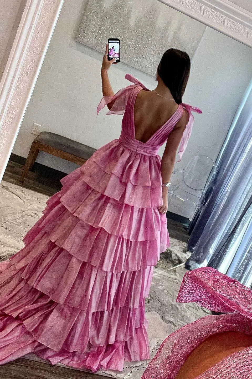 August | Glitter Tie Straps Pink Plunging Neck Tiered Long Prom Dress