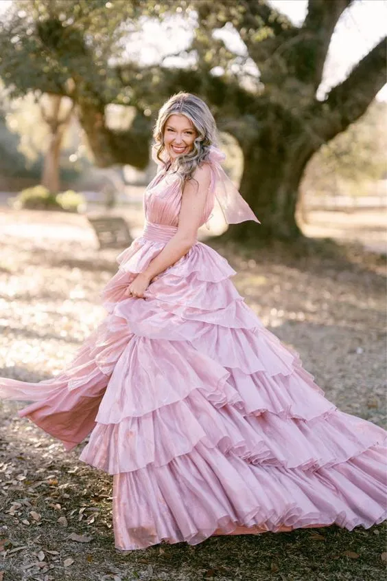 August | Glitter Tie Straps Pink Plunging Neck Tiered Long Prom Dress