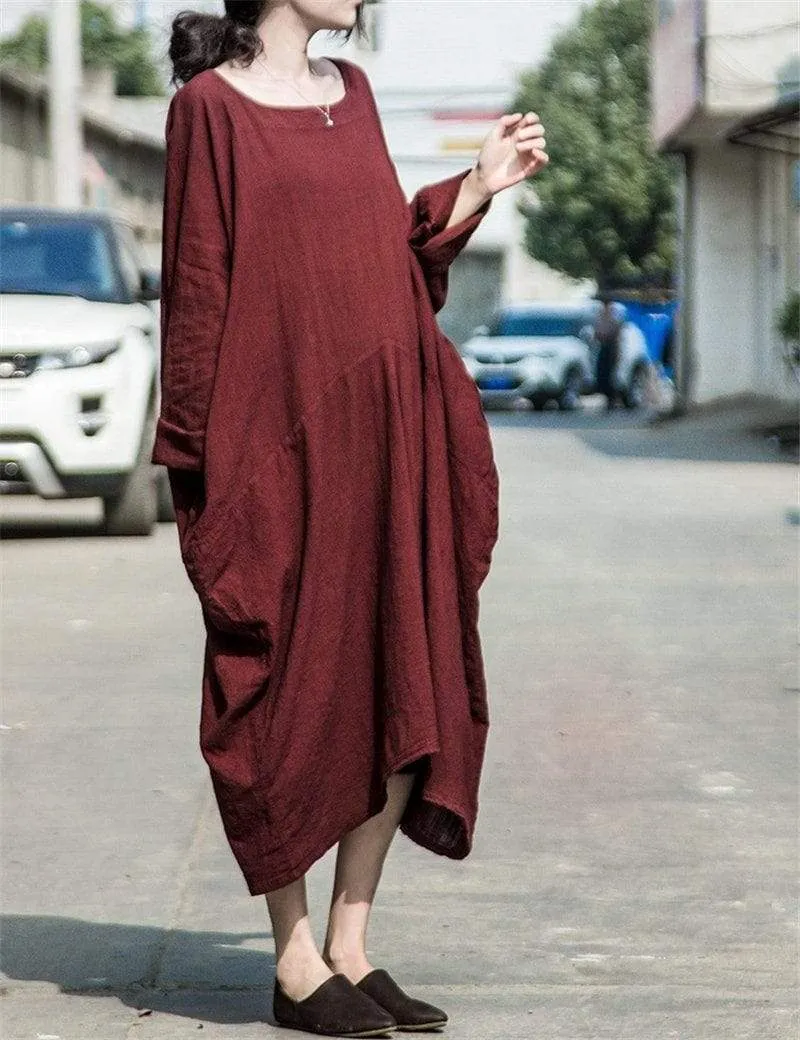 Batwing Sleeves Asymetrical Linen Dress | Lotus