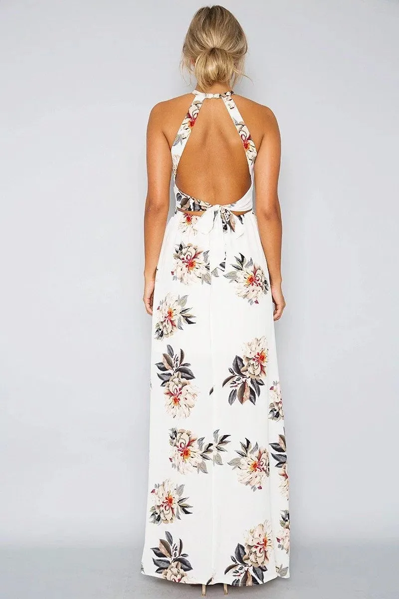 Bear Shoulder Backless Floral Print Split Long Dress