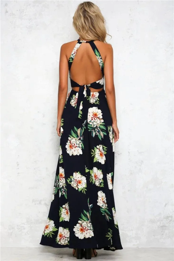 Bear Shoulder Backless Floral Print Split Long Dress