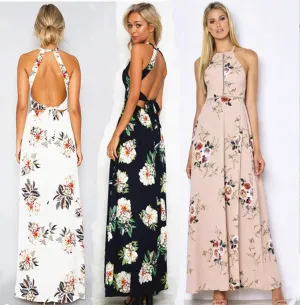 Bear Shoulder Backless Floral Print Split Long Dress