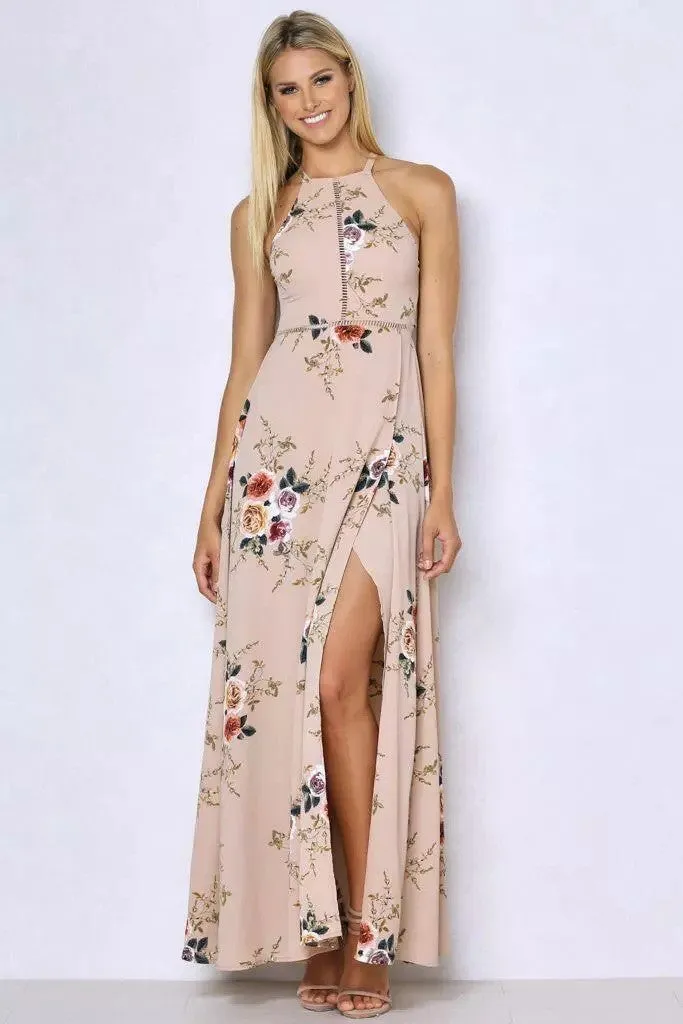 Bear Shoulder Backless Floral Print Split Long Dress