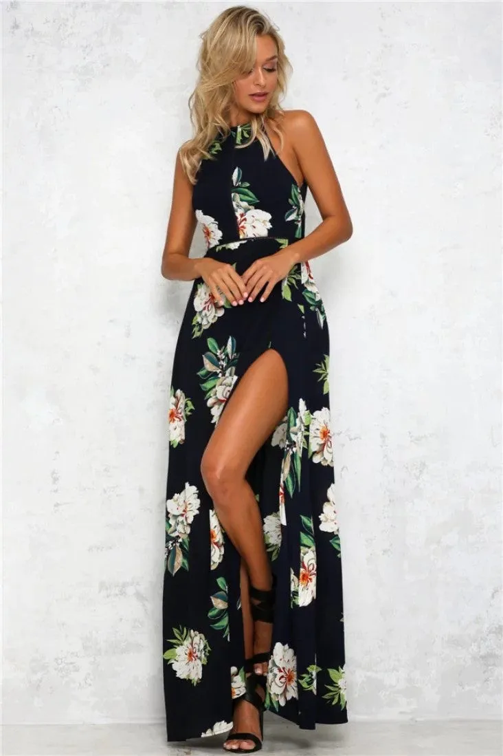 Bear Shoulder Backless Floral Print Split Long Dress