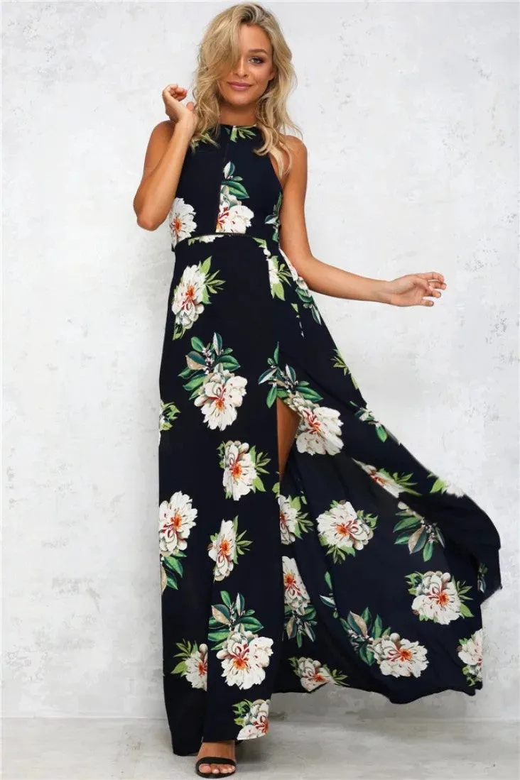 Bear Shoulder Backless Floral Print Split Long Dress