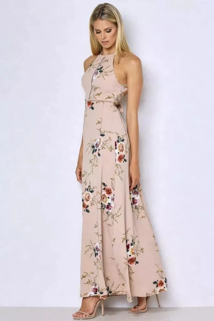 Bear Shoulder Backless Floral Print Split Long Dress