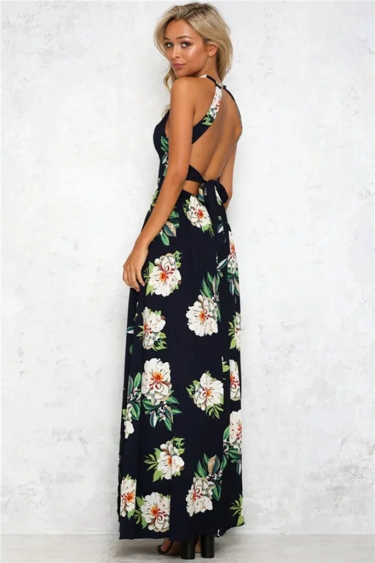 Bear Shoulder Backless Floral Print Split Long Dress