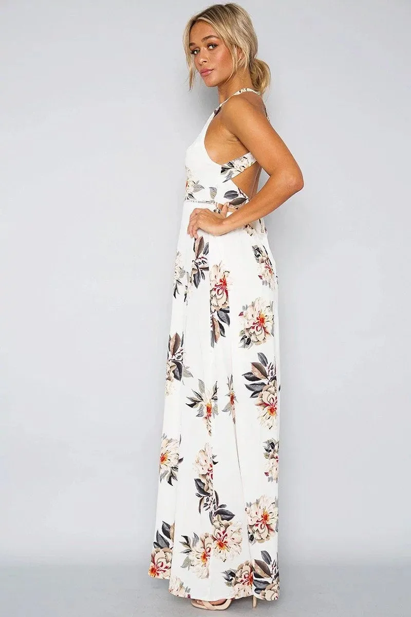 Bear Shoulder Backless Floral Print Split Long Dress