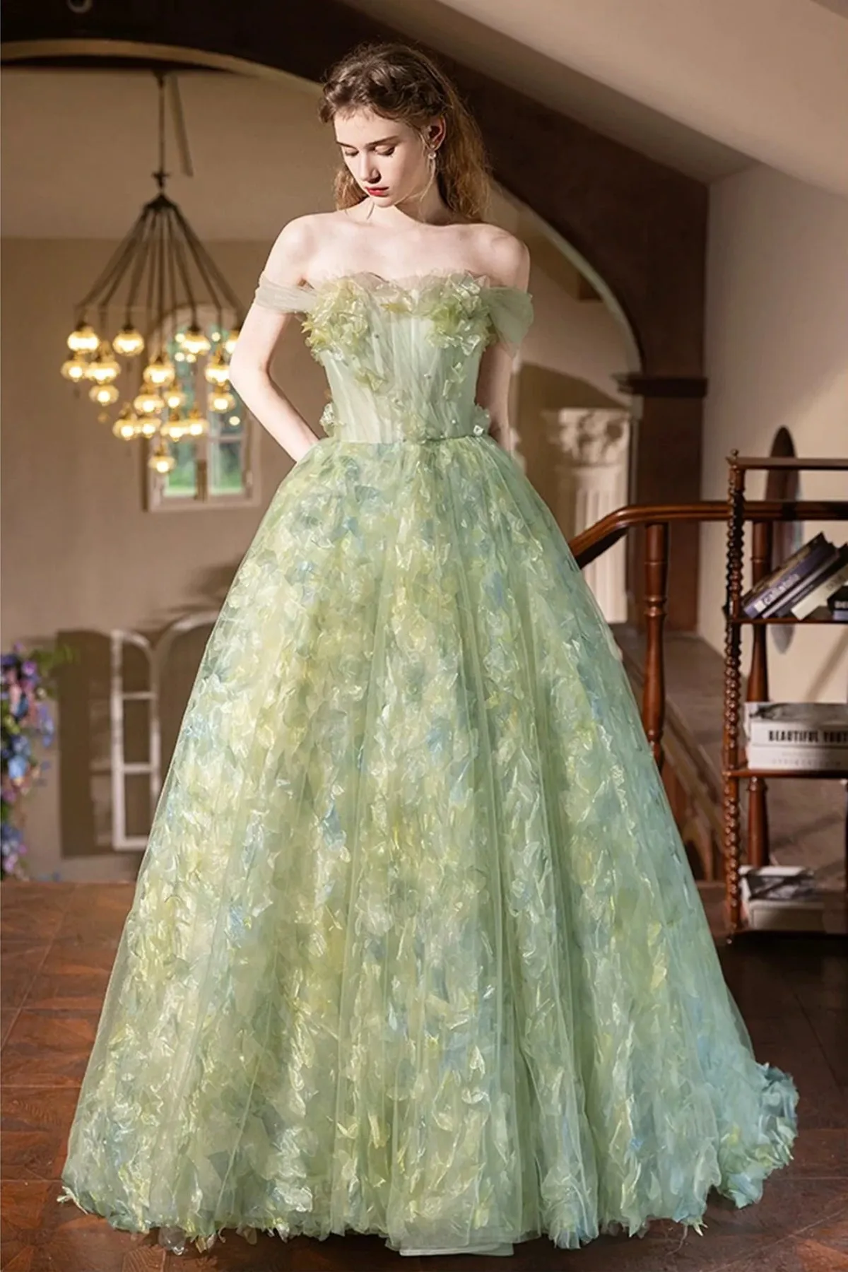 Beautiful Flowers Strapless Off Shoulder Green Lace Long Prom Dresses, Green Lace Formal Dresses, Off the Shoulder Green Evening Dresses WT1557