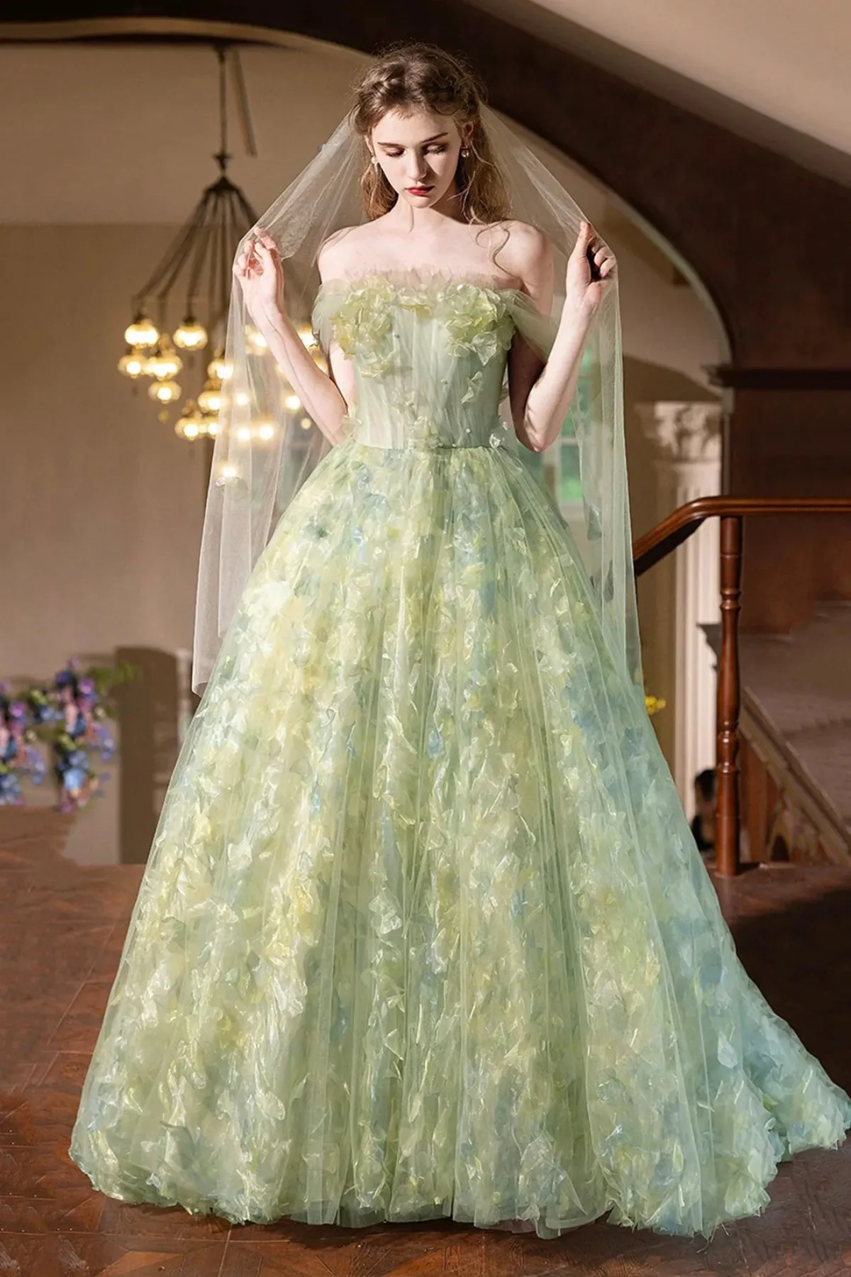 Beautiful Flowers Strapless Off Shoulder Green Lace Long Prom Dresses, Green Lace Formal Dresses, Off the Shoulder Green Evening Dresses WT1557