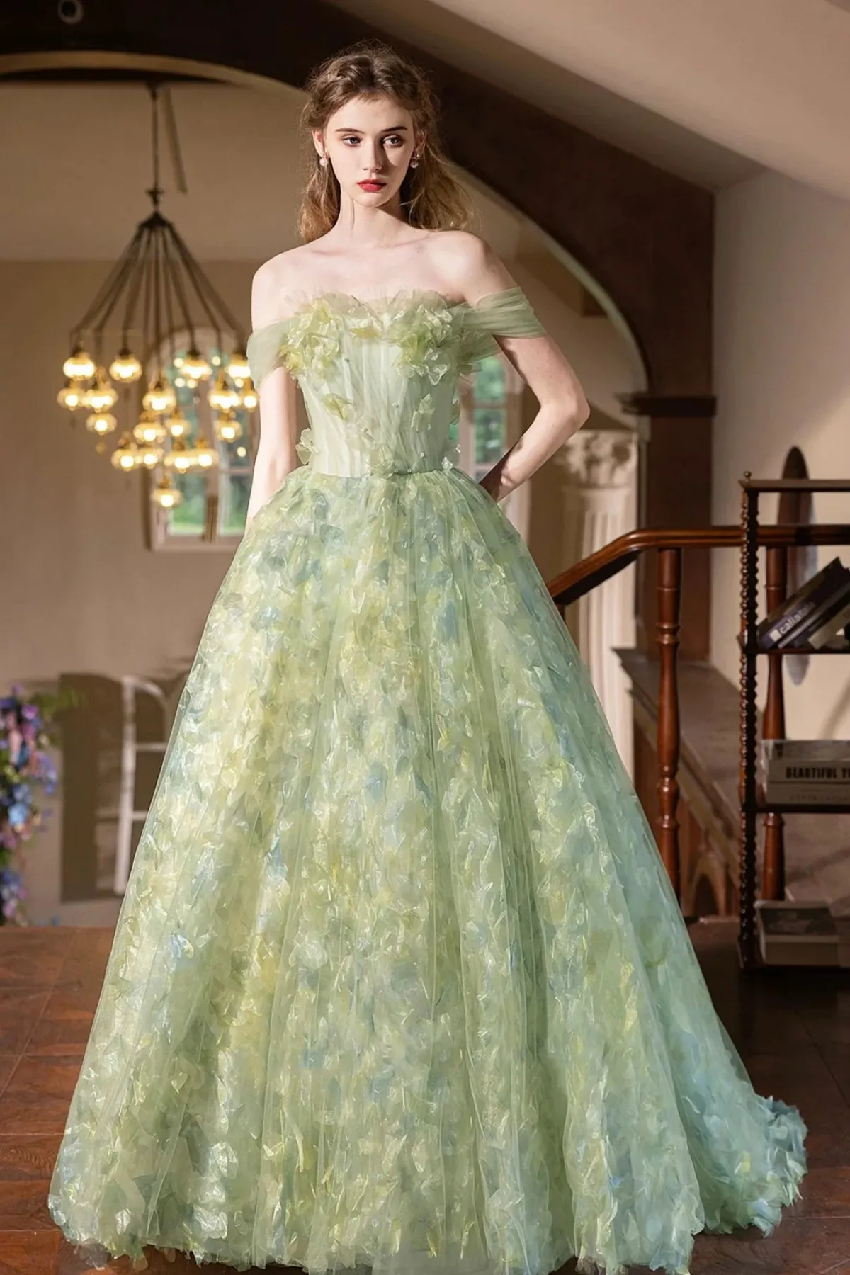 Beautiful Flowers Strapless Off Shoulder Green Lace Long Prom Dresses, Green Lace Formal Dresses, Off the Shoulder Green Evening Dresses WT1557