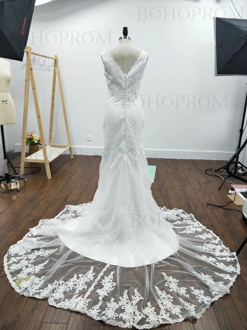 Beautiful Lace Jewel Neckline Mermaid Wedding Dresses With Pleats WD096