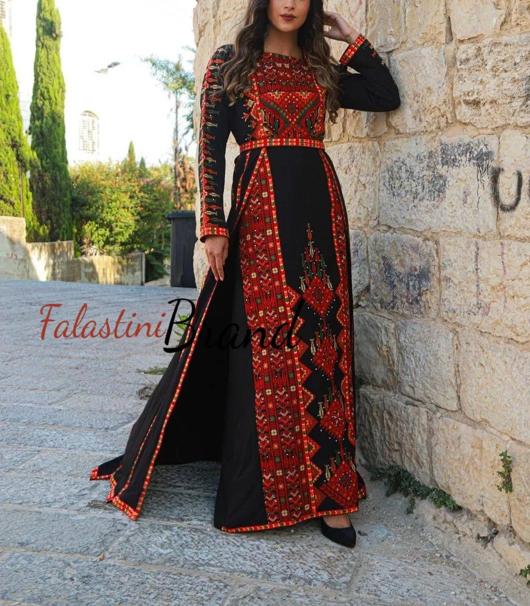 Black and Colorful Fancy Dress Thob with Attached Black Skirt