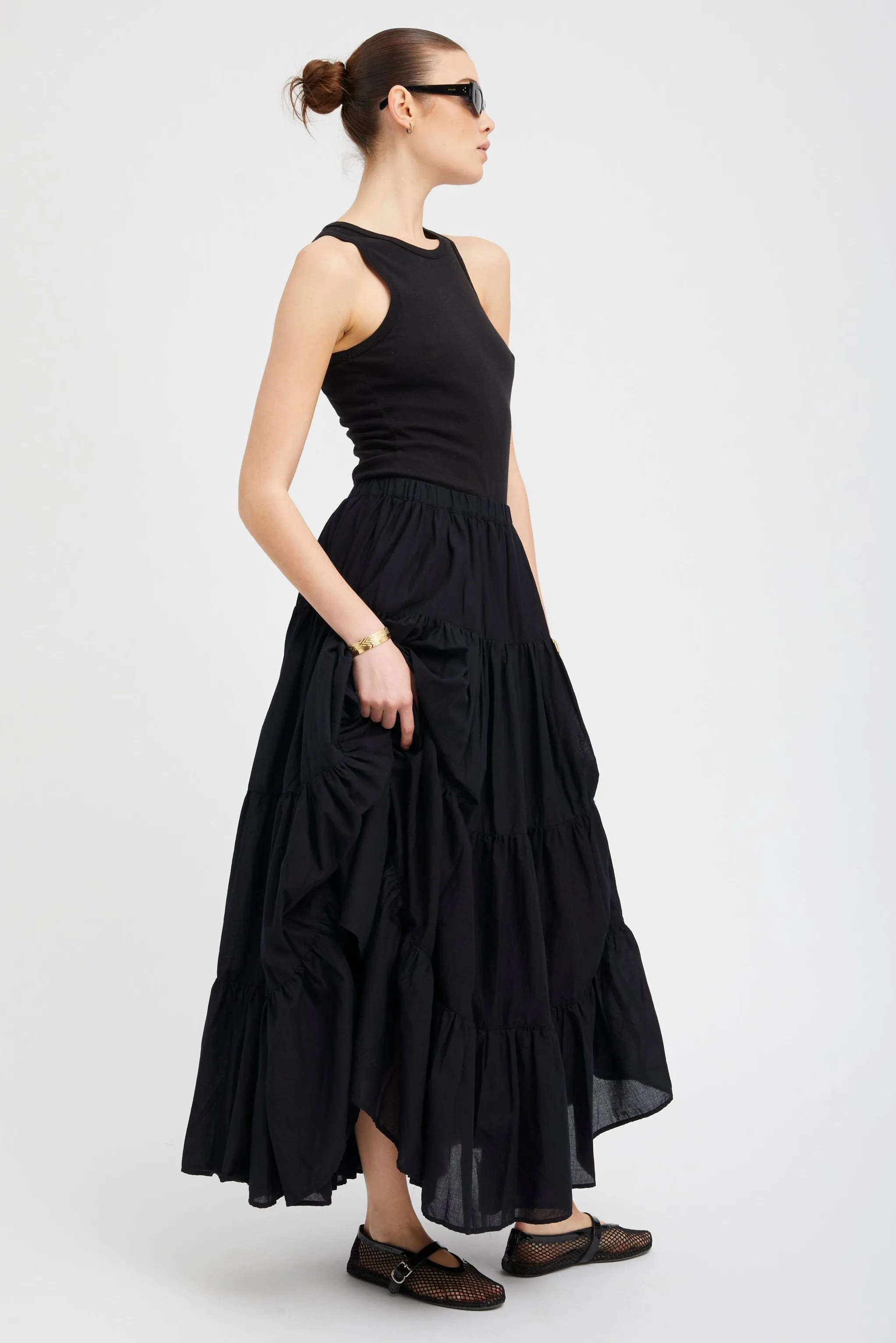 Black Voile Tiered Maxi Skirt