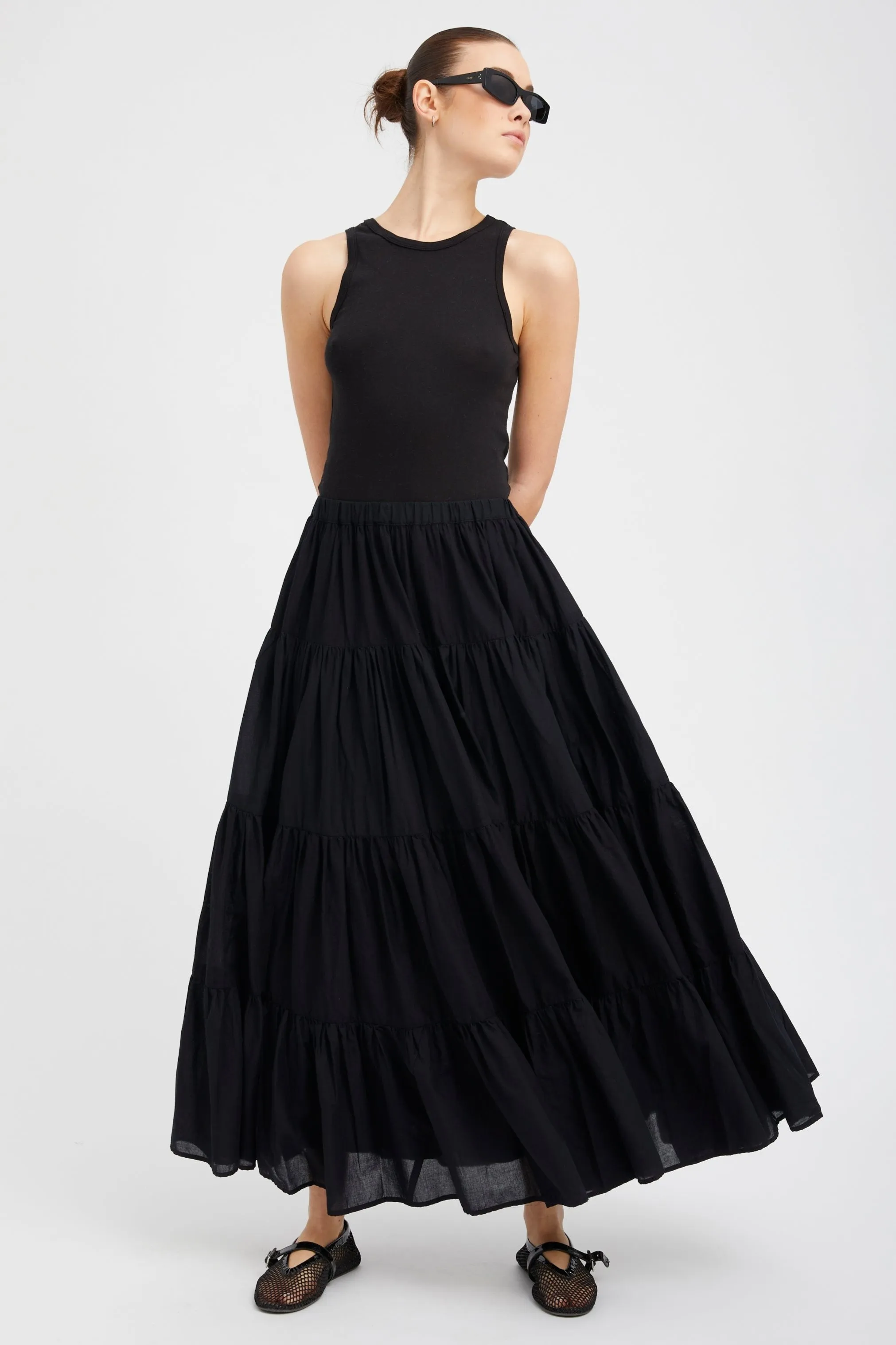 Black Voile Tiered Maxi Skirt