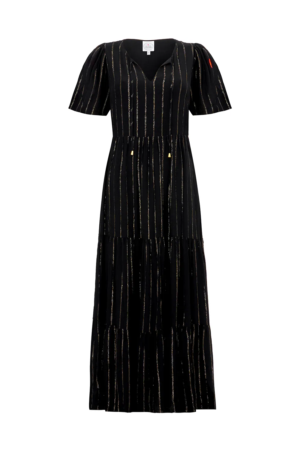 Black with Silver Lurex Angel Sleeve Tie Front Maxi Dress