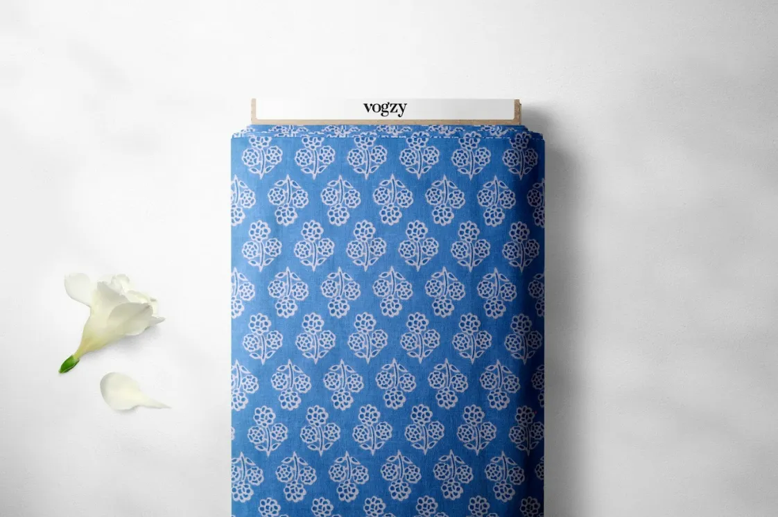 Blue Dotted Flower Pattern Printed Summer Pure Cotton Fabric