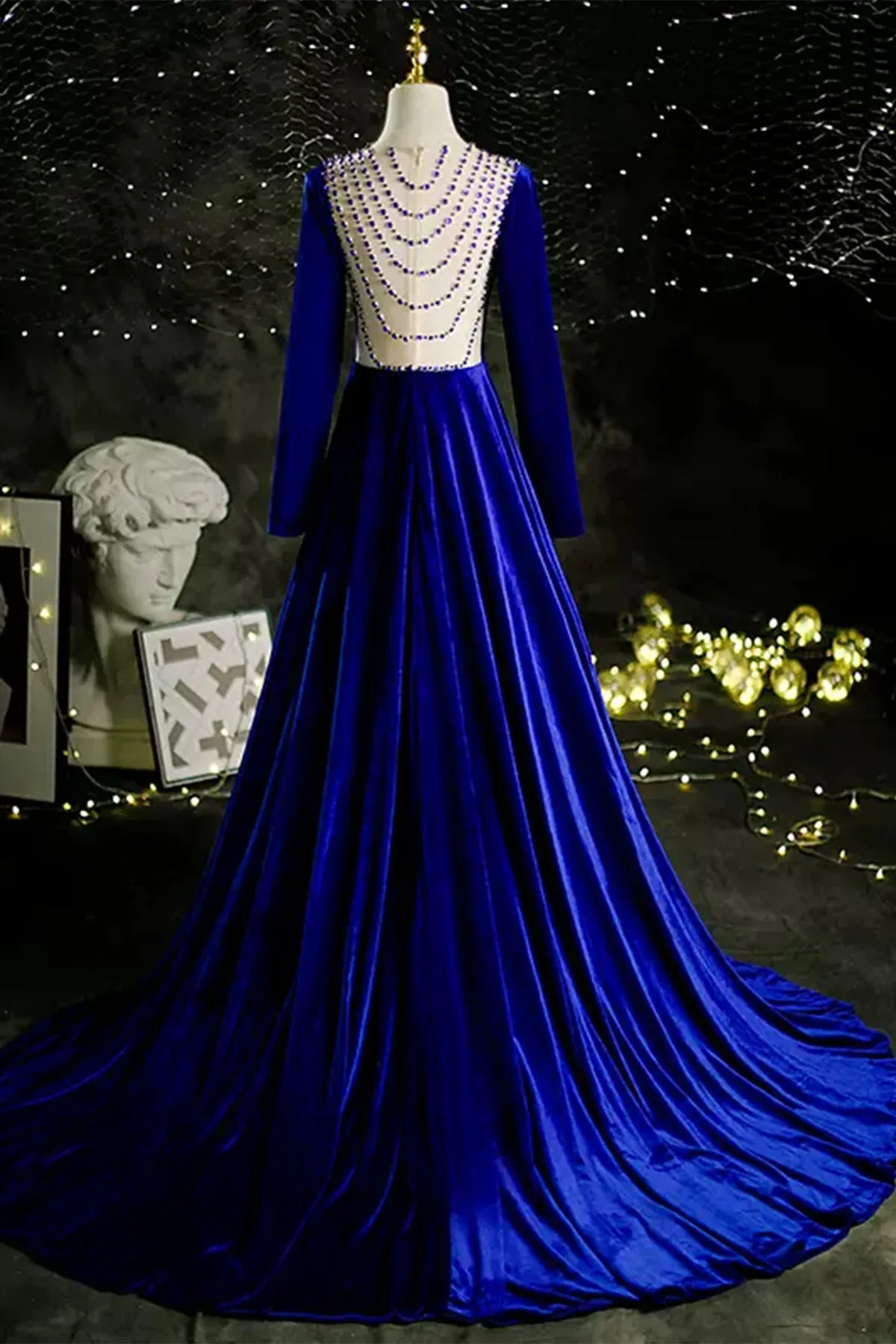 Blue Gorgeous Long Sleeves Beaded Long Prom Dresses, Blue Formal Evening Dresses WT1182