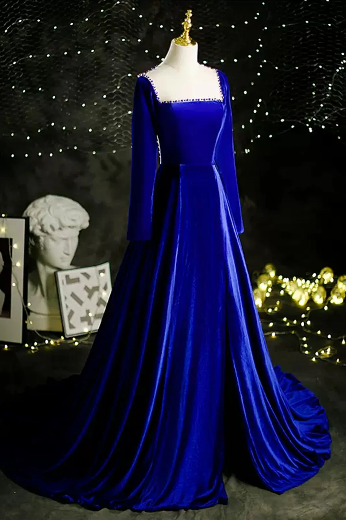 Blue Gorgeous Long Sleeves Beaded Long Prom Dresses, Blue Formal Evening Dresses WT1182