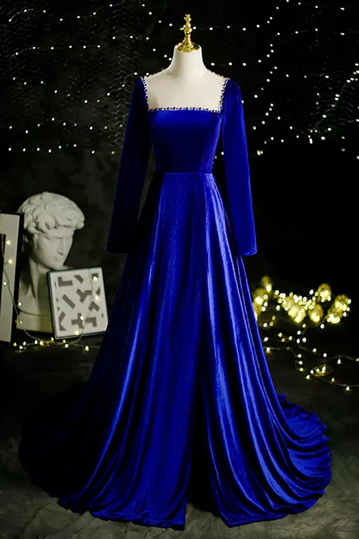 Blue Gorgeous Long Sleeves Beaded Long Prom Dresses, Blue Formal Evening Dresses WT1182