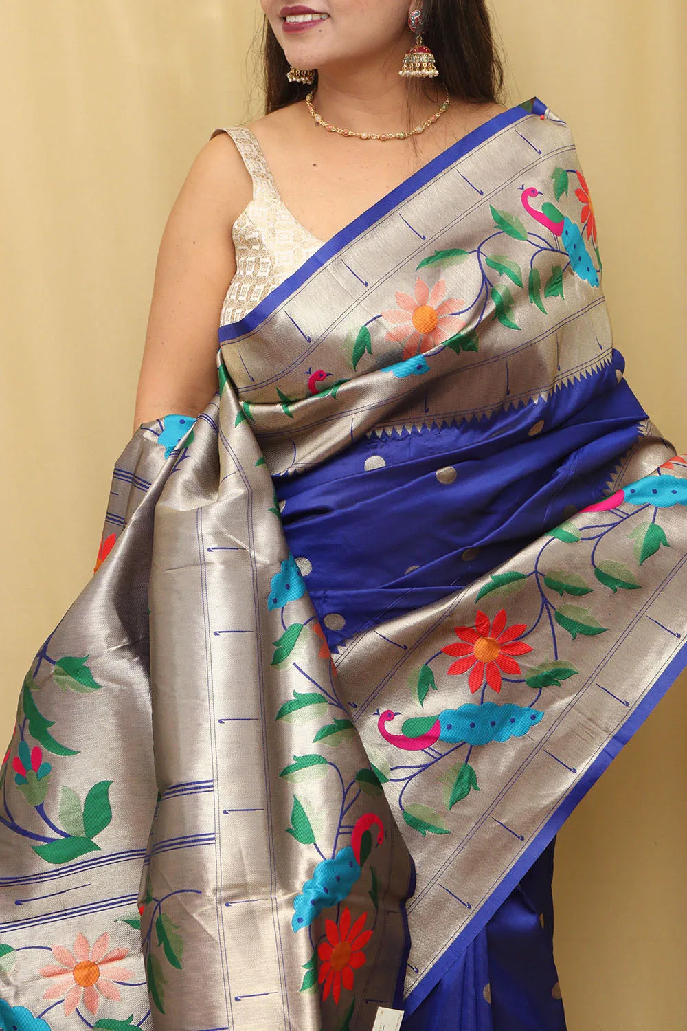 Blue Paithani Silk Parrot & Flower Saree