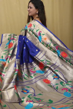 Blue Paithani Silk Parrot & Flower Saree