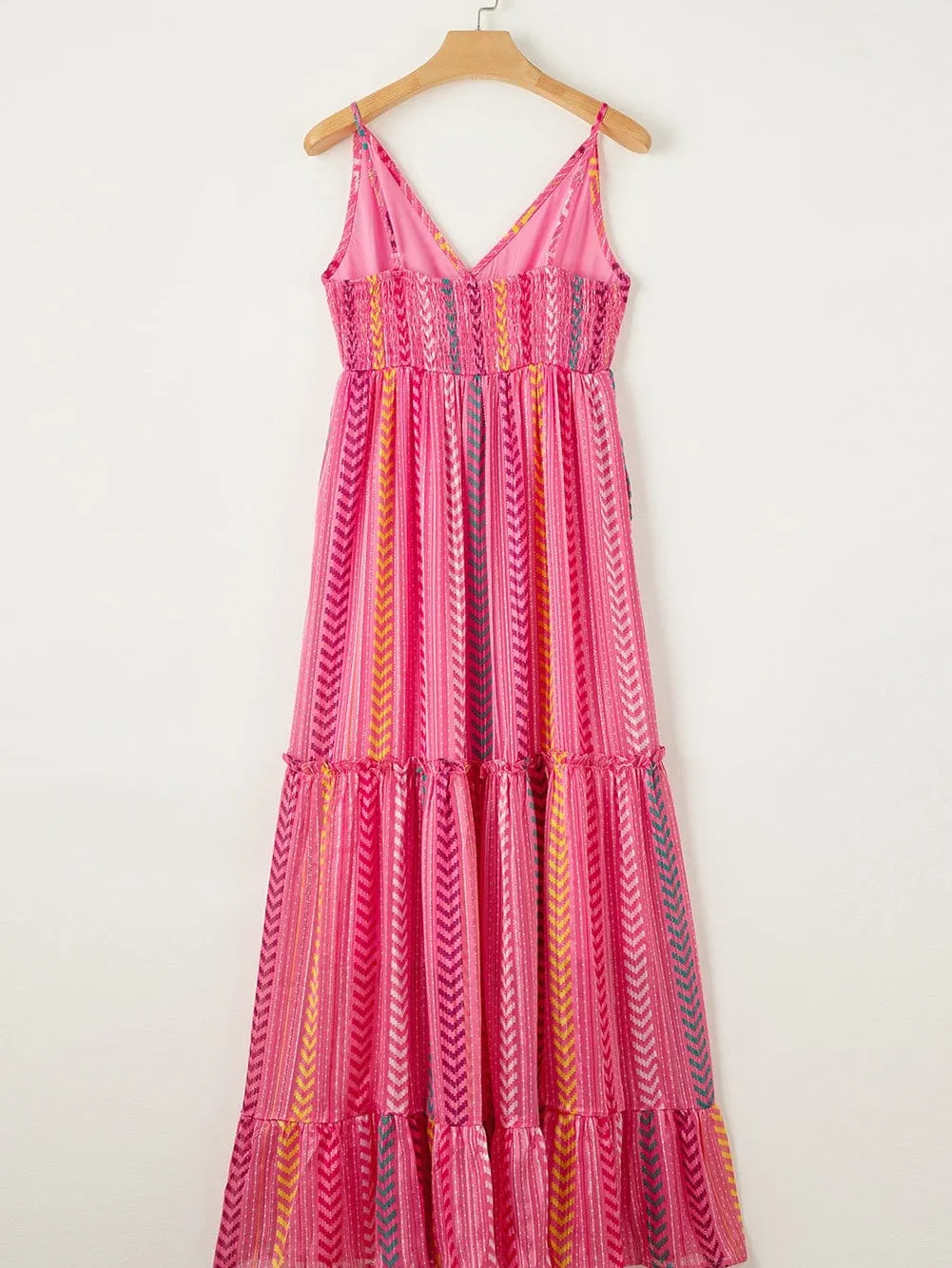 Bohemian Pink Geometric Print Maxi Dress with Tassel Detail