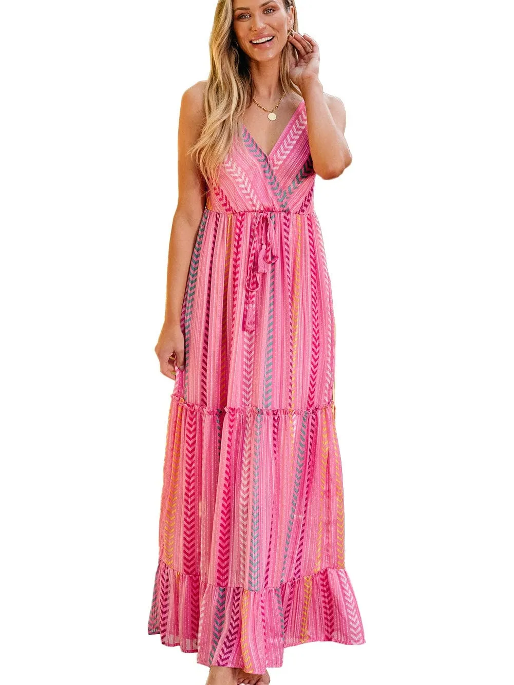 Bohemian Pink Geometric Print Maxi Dress with Tassel Detail