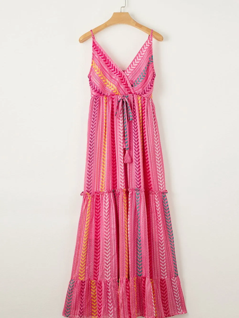 Bohemian Pink Geometric Print Maxi Dress with Tassel Detail