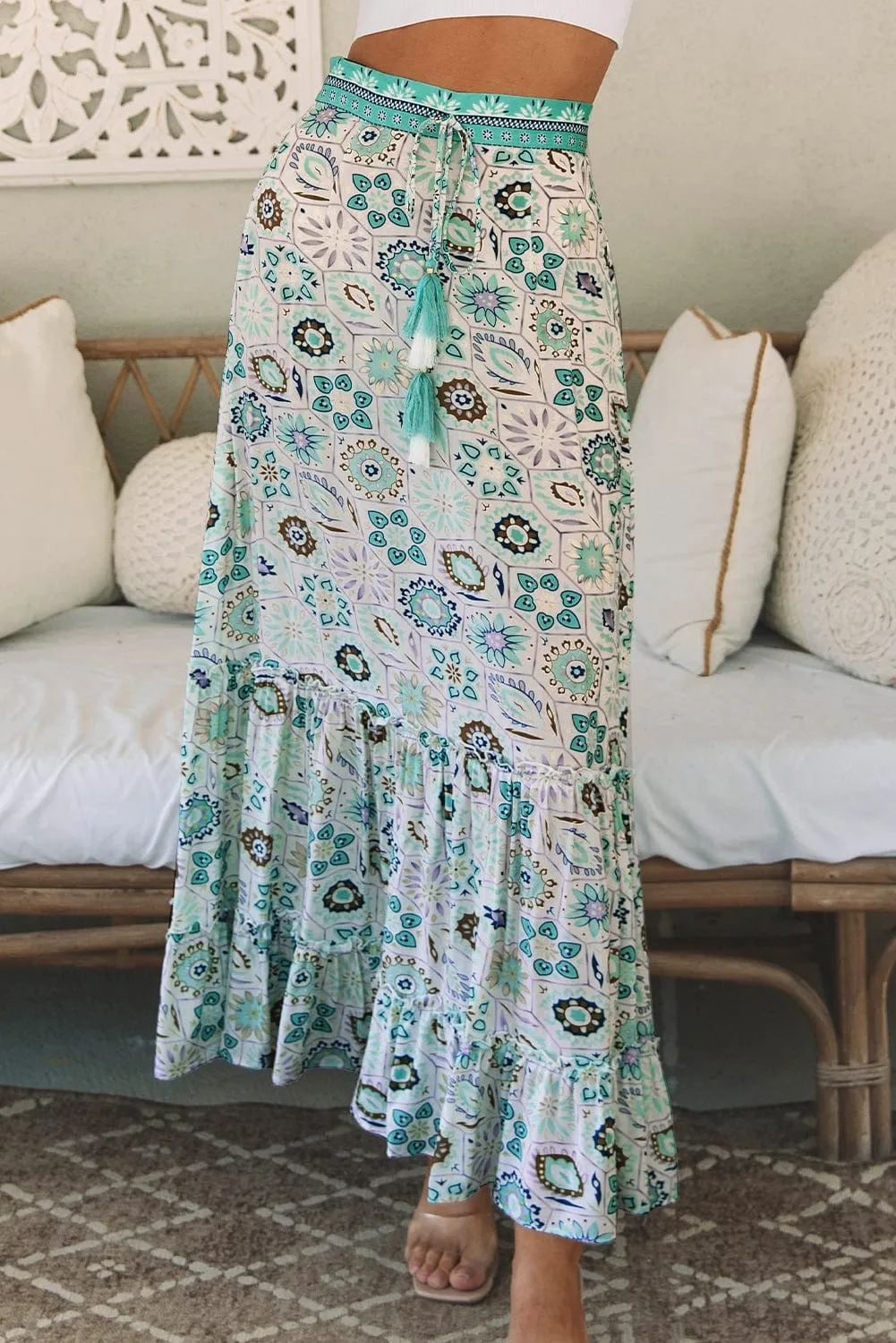 Bohemian Sky Blue Floral Maxi Skirt with Ruffled Tiers