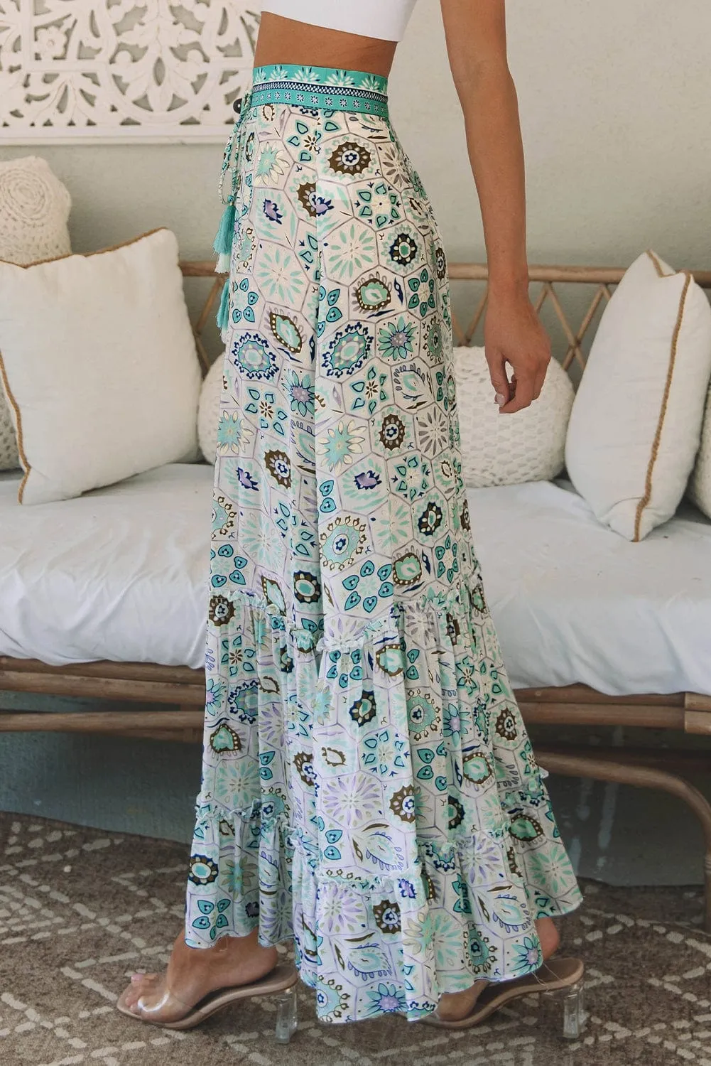 Bohemian Sky Blue Floral Maxi Skirt with Ruffled Tiers