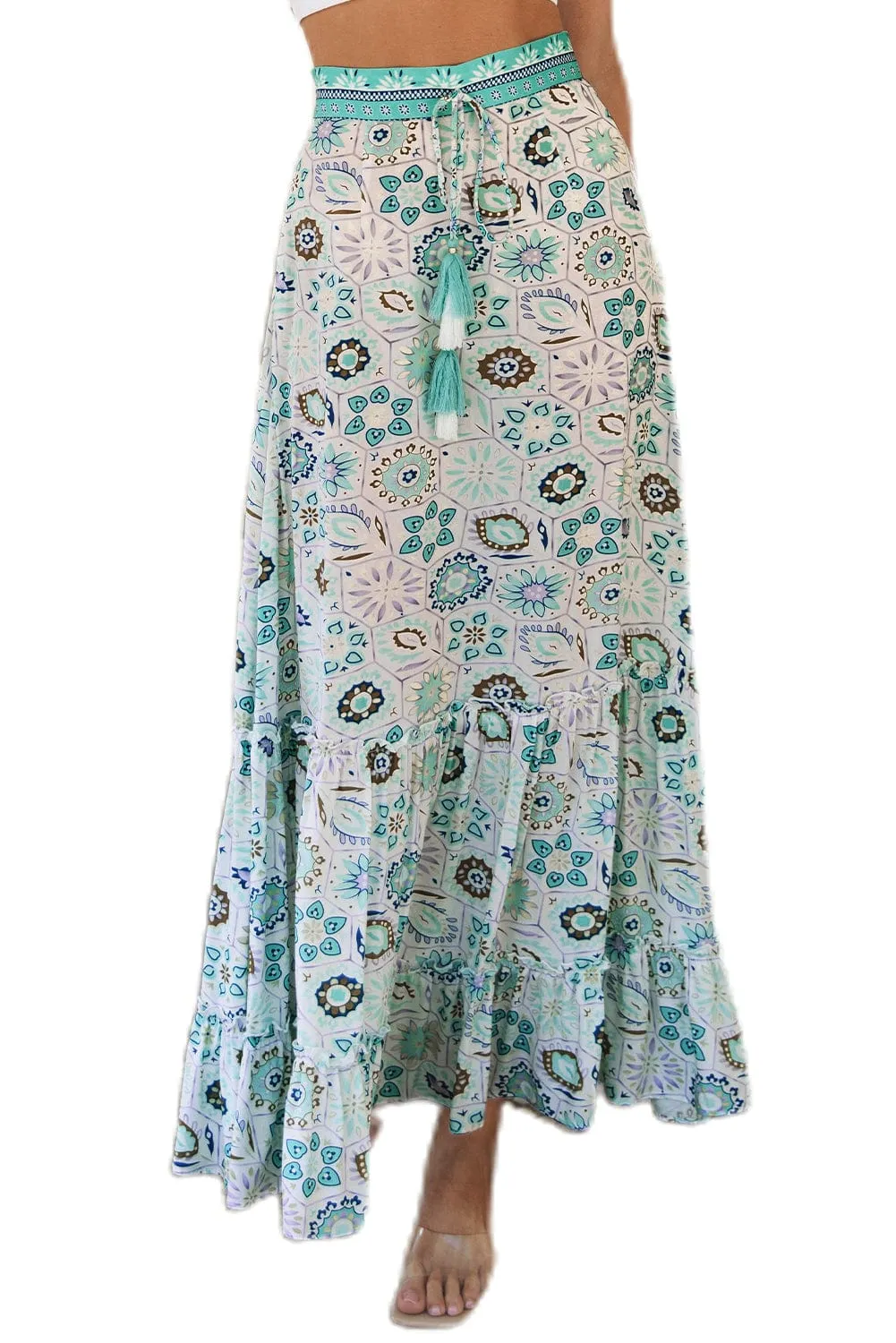 Bohemian Sky Blue Floral Maxi Skirt with Ruffled Tiers