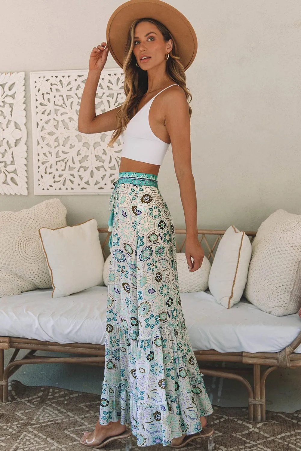 Bohemian Sky Blue Floral Maxi Skirt with Ruffled Tiers