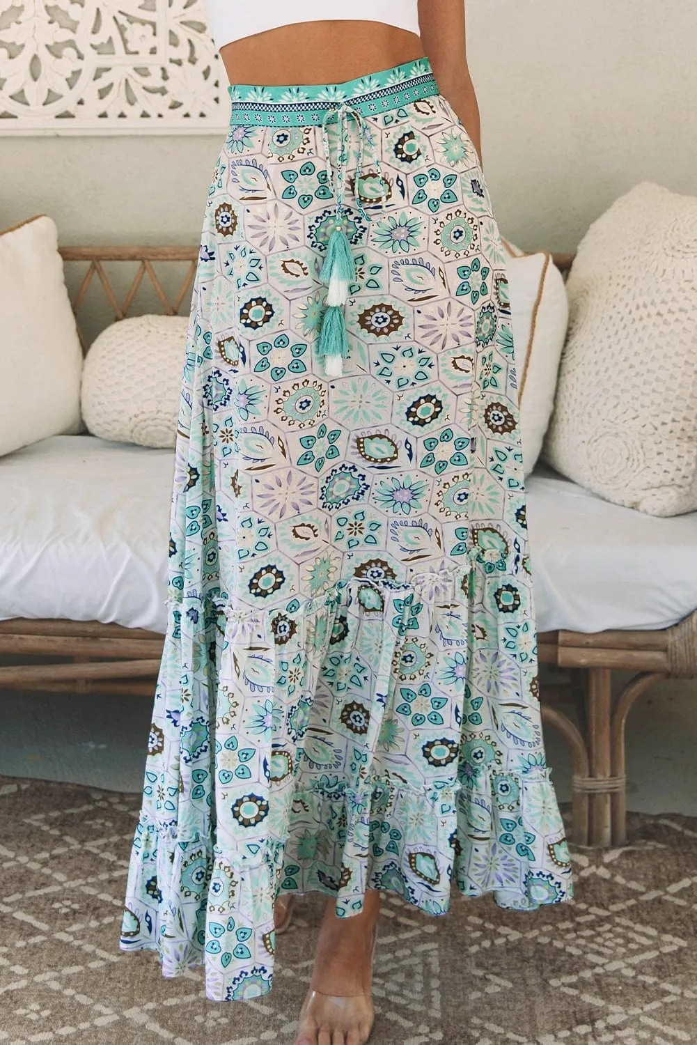 Bohemian Sky Blue Floral Maxi Skirt with Ruffled Tiers