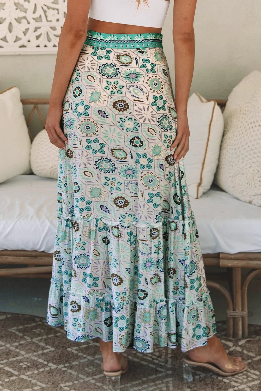 Bohemian Sky Blue Floral Maxi Skirt with Ruffled Tiers