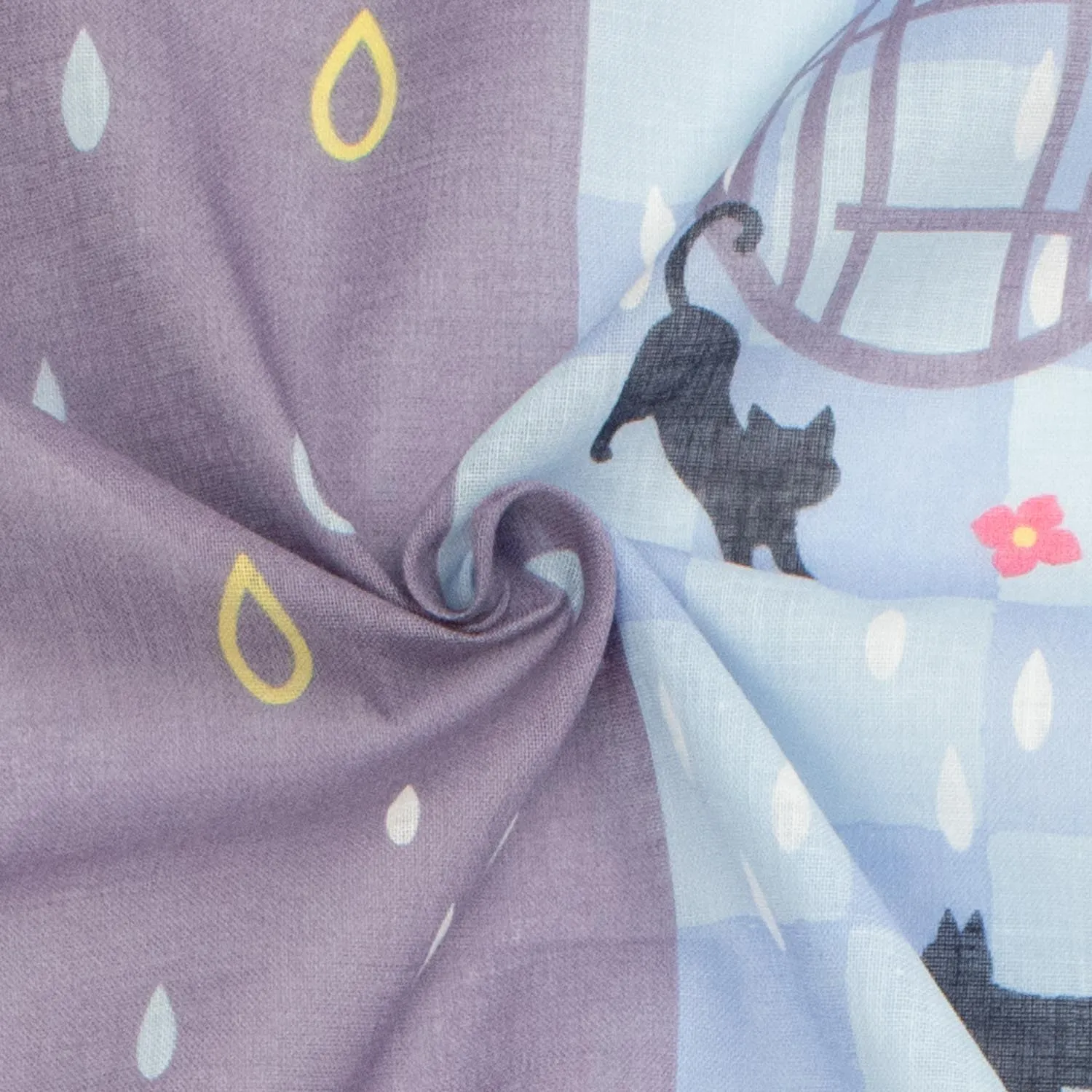 Border Printed Cotton Voile Design-19 Cats & Circle Windows on Blue Checks/Raindrops on Purple