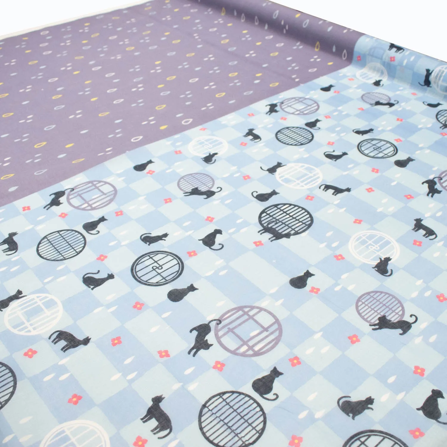 Border Printed Cotton Voile Design-19 Cats & Circle Windows on Blue Checks/Raindrops on Purple