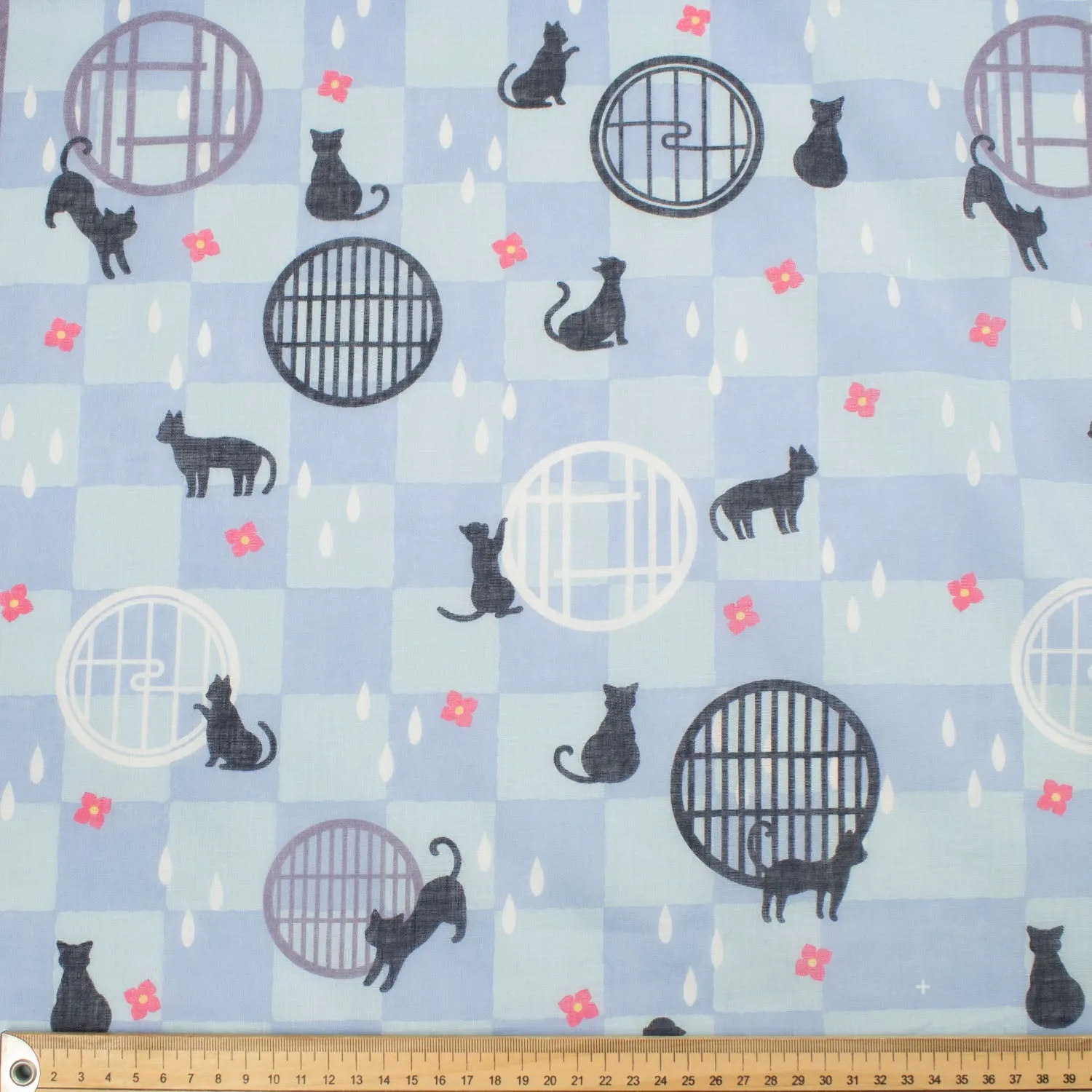 Border Printed Cotton Voile Design-19 Cats & Circle Windows on Blue Checks/Raindrops on Purple