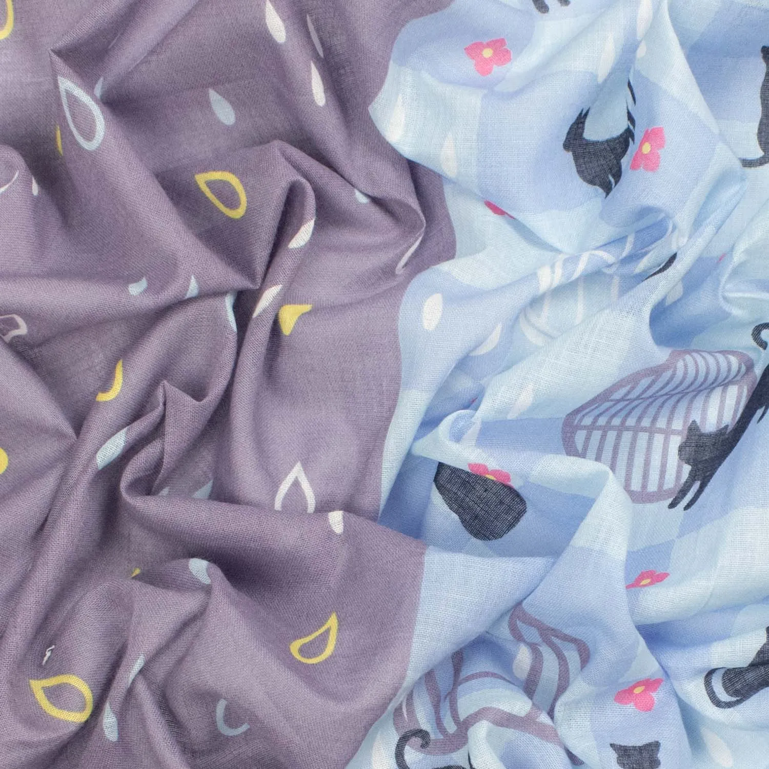 Border Printed Cotton Voile Design-19 Cats & Circle Windows on Blue Checks/Raindrops on Purple