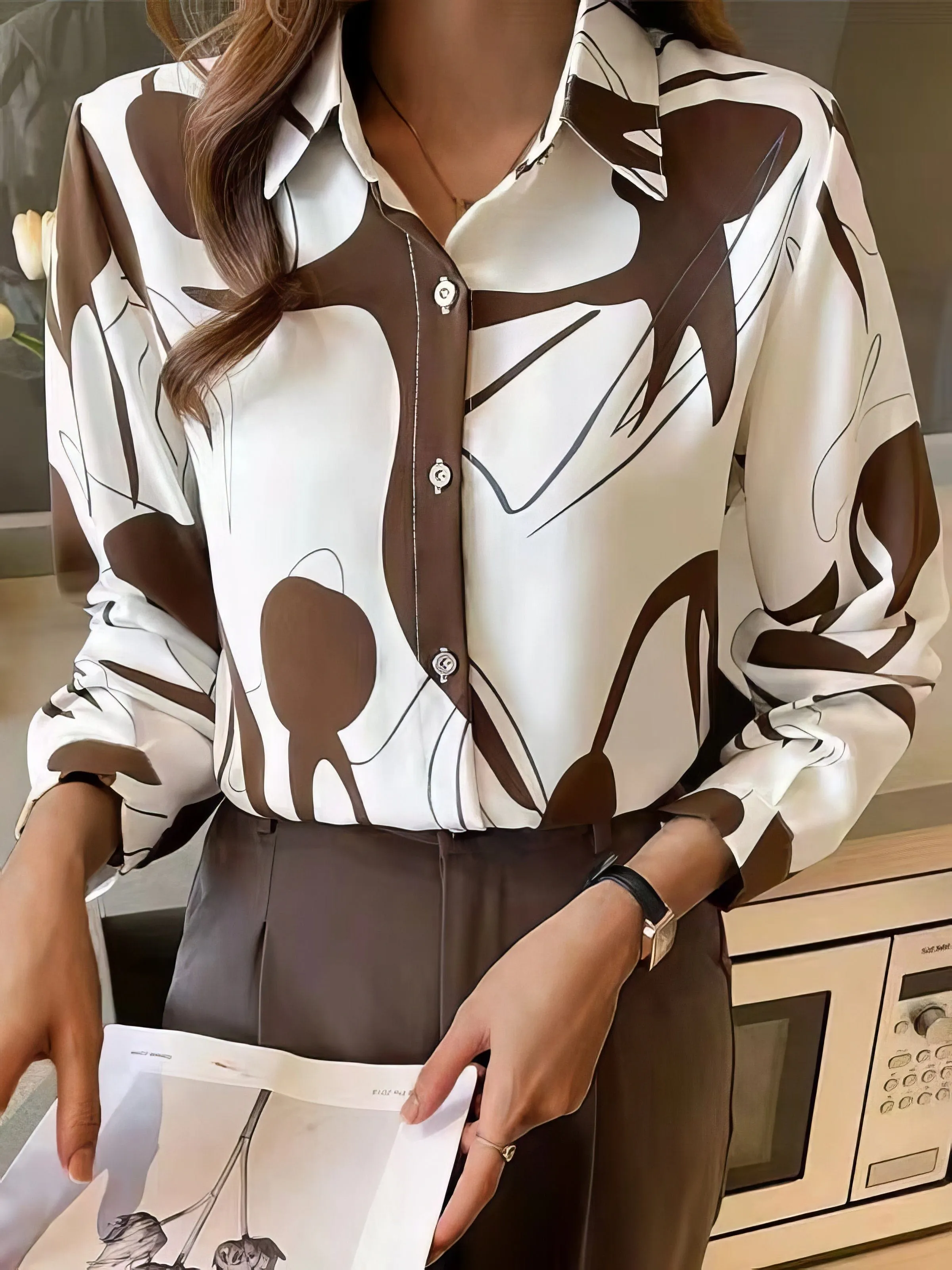 Brown and White Abstract Blouse