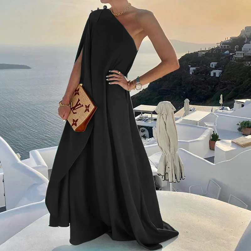 Chic Summer Style Solid Color One-Shoulder Maxi Dress