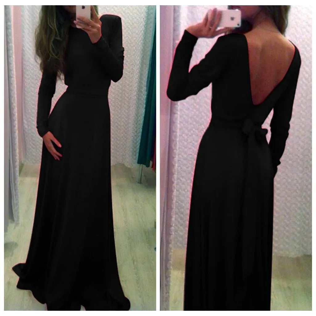 Clearance Long Sleeves Pure Color V-Back Backless Long Dress